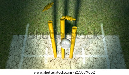 A white leather cricket ball hitting wooden cricket wickets on a grass cricket pitch background