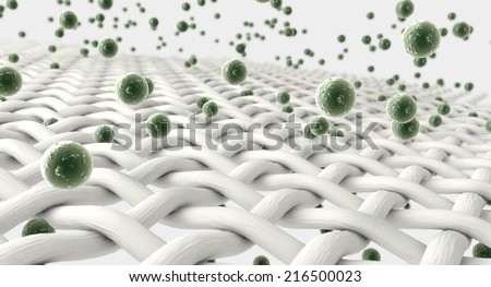 An extreme magnification of white individual fabric threads being penetrated by green bacteria on an isolated background