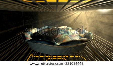 A closeup concept of a money pie made with Swiss Franc bank notes baking in a heated oven