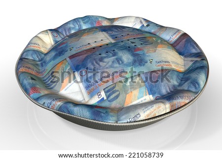 A perspective view concept of a regular baked pie with crimped edges made out of Swiss Franc bank notes on an isolated background