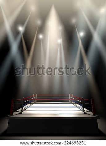 A regular boxing ring surrounded by ropes spotlit by various lights on an isolated dark background