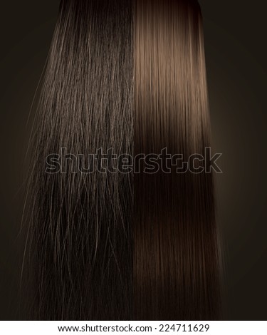 A perfect symmetrical view of a bunch of brown hair split in two showing a frizzy unkempt side compared to a straight neat side on an isolated background