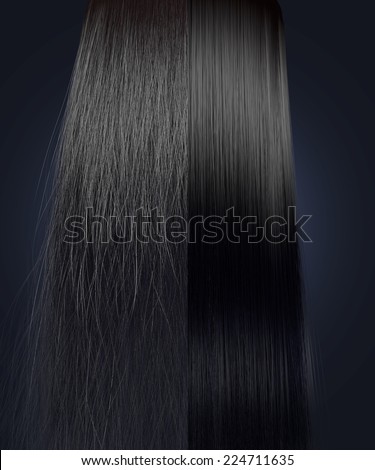 A perfect symmetrical view of a bunch of black hair split in two showing a frizzy unkempt side compared to a straight neat side on an isolated background