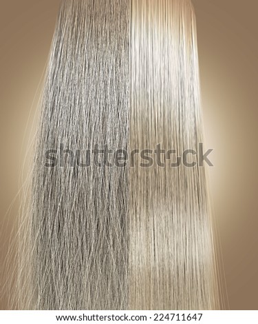 A perfect symmetrical view of a bunch of blonde hair split in two showing a frizzy unkempt side compared to a straight neat side on an isolated background