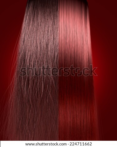 A perfect symmetrical view of a bunch of red hair split in two showing a frizzy unkempt side compared to a straight neat side on an isolated background