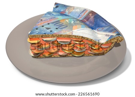 A concept of a sliced section of a regular baked pie with a crust made out of swiss franc bank notes filled with a jam filling with coins on an isolated background