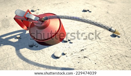 A regular oil can lying desolate in an arid desert on a hot midday sun background