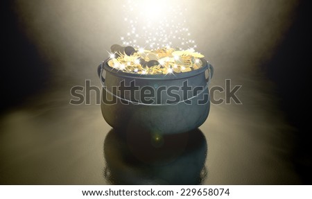 A cast iron pot filled with gold coins and magical sparkles on a dark eerie spotlit  background