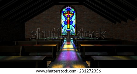 A dim old church interior lit by suns rays penetrating through a colorful stained glass window in the pattern of a crucifix reflecting colors on the floor in amongst rows of church pews