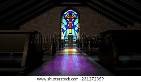 A dim old church interior lit by suns rays penetrating through a colorful stained glass window in the pattern of a crucifix reflecting colors on the floor in amongst rows of church pews