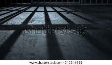 A closeup of view of a jail cells iron bars casting shadows on the prison floor with copy space