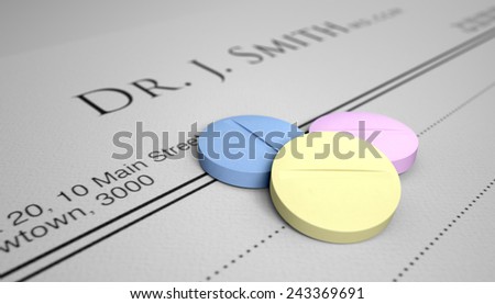A blank generic doctors prescription note with three regular pills on an isolated white background