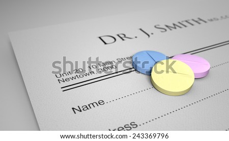 A blank generic doctors prescription note with three regular pills on an isolated white background