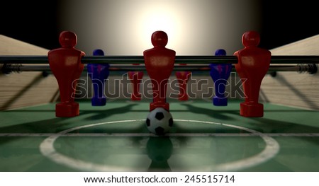 One half of a foosball table at ground level with a soccer ball in front of the red team ready to kick off a soccer match
