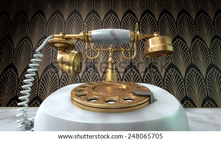 A vintage marble and brass telephone with a handset and dial embellishments on a marble shelf on an art deco wallpaper background