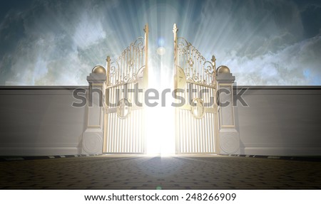A depiction of the pearly gates of heaven opening with the bright side of heaven contrasting with the duller foreground