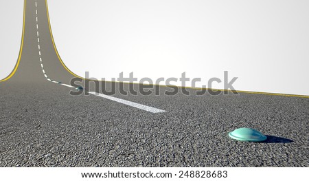 A concept of an asphalt road with reflectors and paint road markings curving upward to the sky on an isolated white background