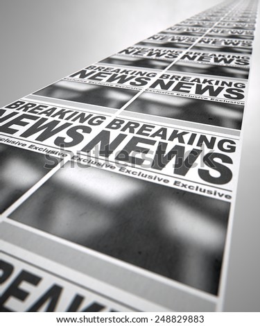 A long row of fthe front page of a newspaper press run with a generic headline that reads breaking news on an isolated white background