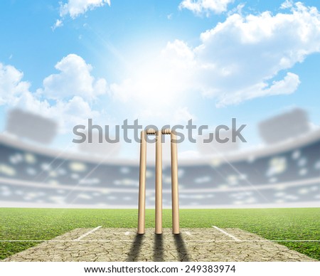 A cricket stadium with cricket pitch and set up wickets in the daytime under a blue sky
