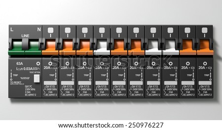 A row of switched off household electrical circuit breakers on a wall panel