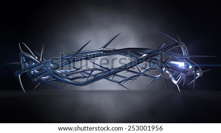 A eye level view of a gold casting sculpture of branches of thorns woven into a crown depicting the crucifixion on a dark reflective surface spotlit by an eerie light