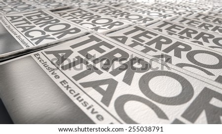 A long row of folded newspapers at the end of a press run with a generic headline that reads terror attack on the front page on an isolated white background