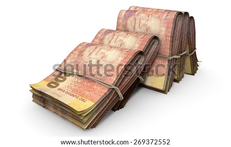 A close-up view of five wads of folded over stacks of norwegian kroner banknotes each bound informally by a rubber band set out in a domino formation on an isolated white studio background