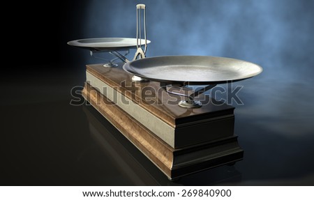 An empty old metal and wood two pan balance scale on an isolated black background