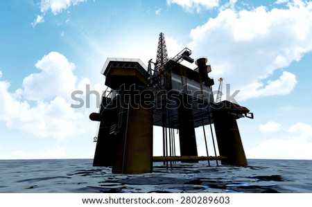 A regular view of an oil rig out at sea on a blue cloudy sky background