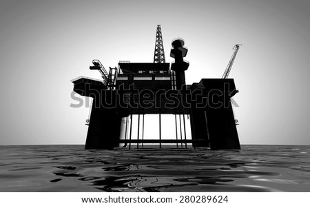 A regular view of an oil rig out at sea on an isolated light background