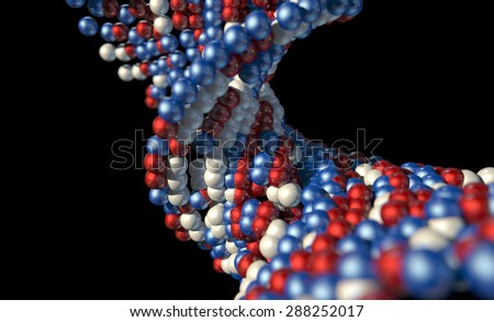 A microscopic view of a sequenced pattern of DNA style red blue and white atoms on an isolated background