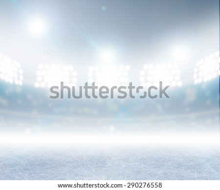 A generic ice rink stadium with a frozen surface under illuminated floodlights