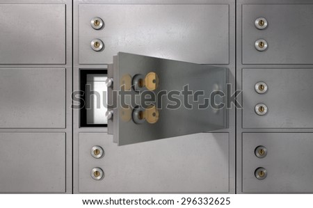 A closeup of a wall of closed metal safety deposit boxes with one open revealing its contents inside