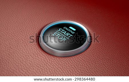 A closeup of a modern car start and stop button with blue lights on a red leather textured surface