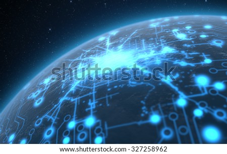 A generic world planet with illuminated city lights and a glowing data circuit network on a dark space background