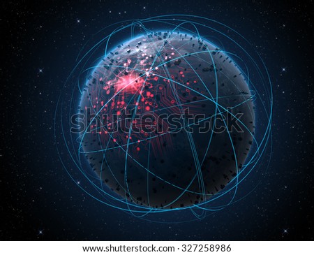 A generic alien looking world planet with illuminated city lights and a glowing data circuit network surrounded by orbiting light trails on a dark space background