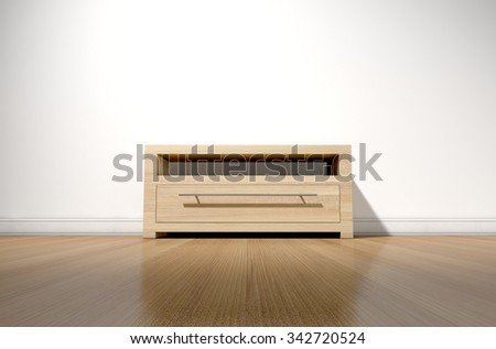 An empty  room in a house with white walls and a reflective wooden floor with a wooden plasma unit