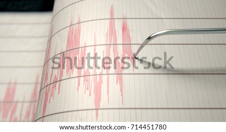 A closeup of a seismograph machine needle drawing a red line on graph paper depicting seismic and earthquake activity - 3D render