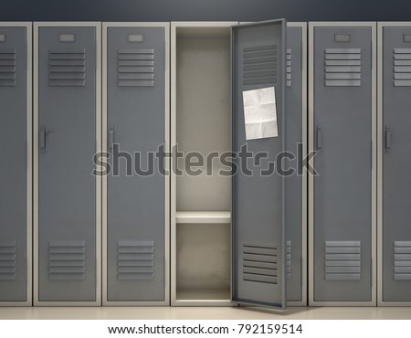 A row of metal school lockers with one open door and a blank page note taped to the inside - 3D render
