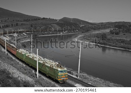 Freight train on the Trans-Siberian Railway near the river Ingoda.