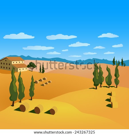 Vector Tuscany landscape. Rural landscape with fields, hills, house.