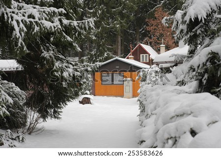 Wooden cottage in forest in winter -  accommodation for winter holiday