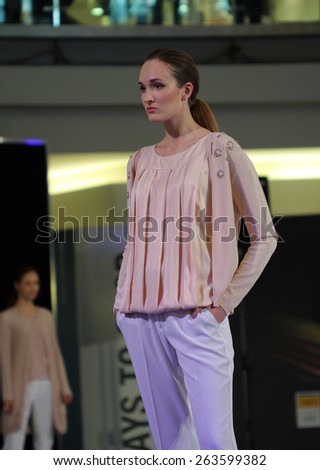 Brno,Czech Republic-March 20,2015: Model walking on fashion show during Vankovka Fashion Days 2015 - The Birth of Light, show are held on the occasion of the International Year of Light 2015
