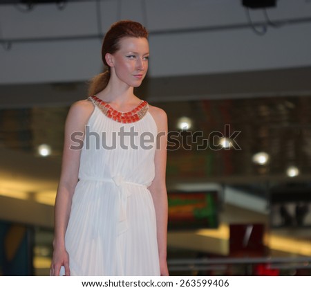 Brno,Czech Republic-March 20,2015: Model walking on fashion show during Vankovka Fashion Days 2015 - The Birth of Light, show are held on the occasion of the International Year of Light 2015