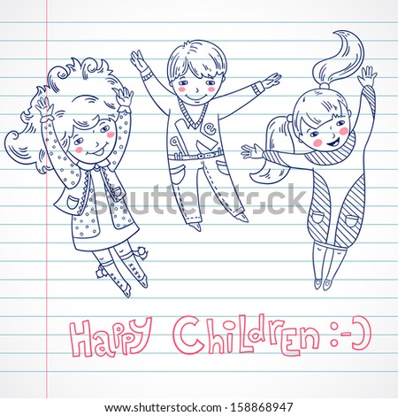 Happy three children. Paper background. Hand drawn. Jumping children. Happy emotions. Line illustration.