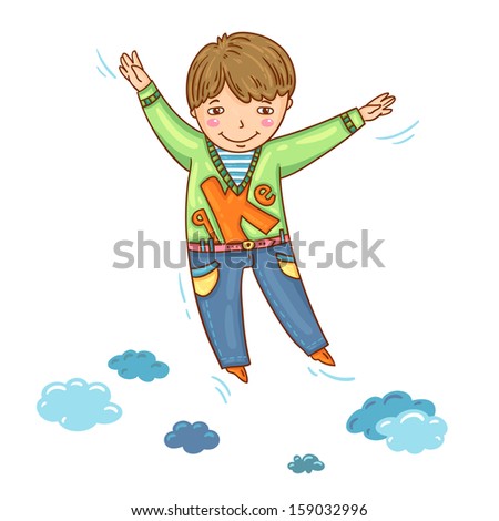 Happy boy on colorful background. Hand drawn. Jumping child. Happy emotions. Cartoon style.