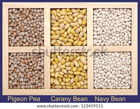 Pigeon Pea, Carany Bean, and Navy Bean in wooden box