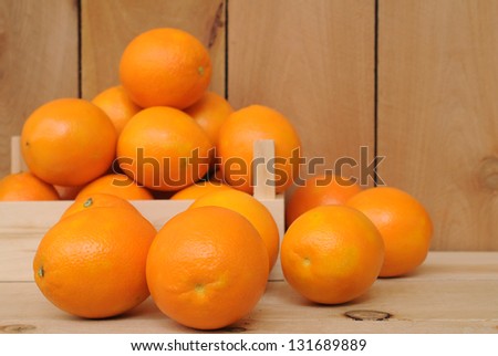 navel orange fruit in crate on wooden shelf