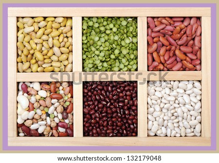 perruano, green split pea, light red bean, mix of bean, red bean, and navy bean in wooden case