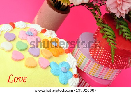 cake, flower and gift box for holidays